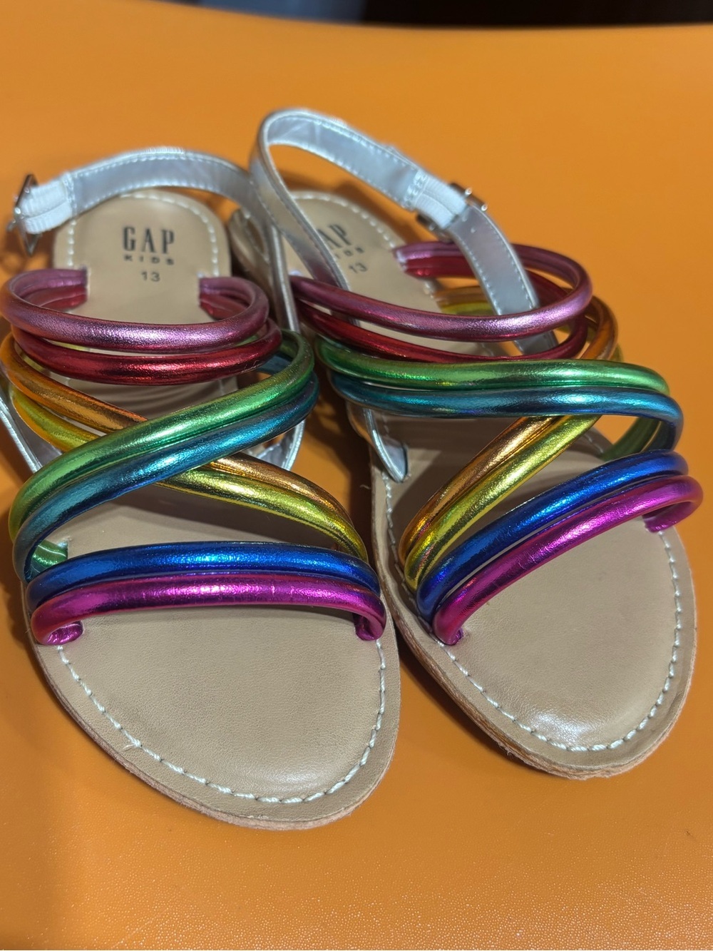 GAP Kids Rainbow Metallic Strappy Sandals Size 13 Girls Silver Ankle Strap Summe
